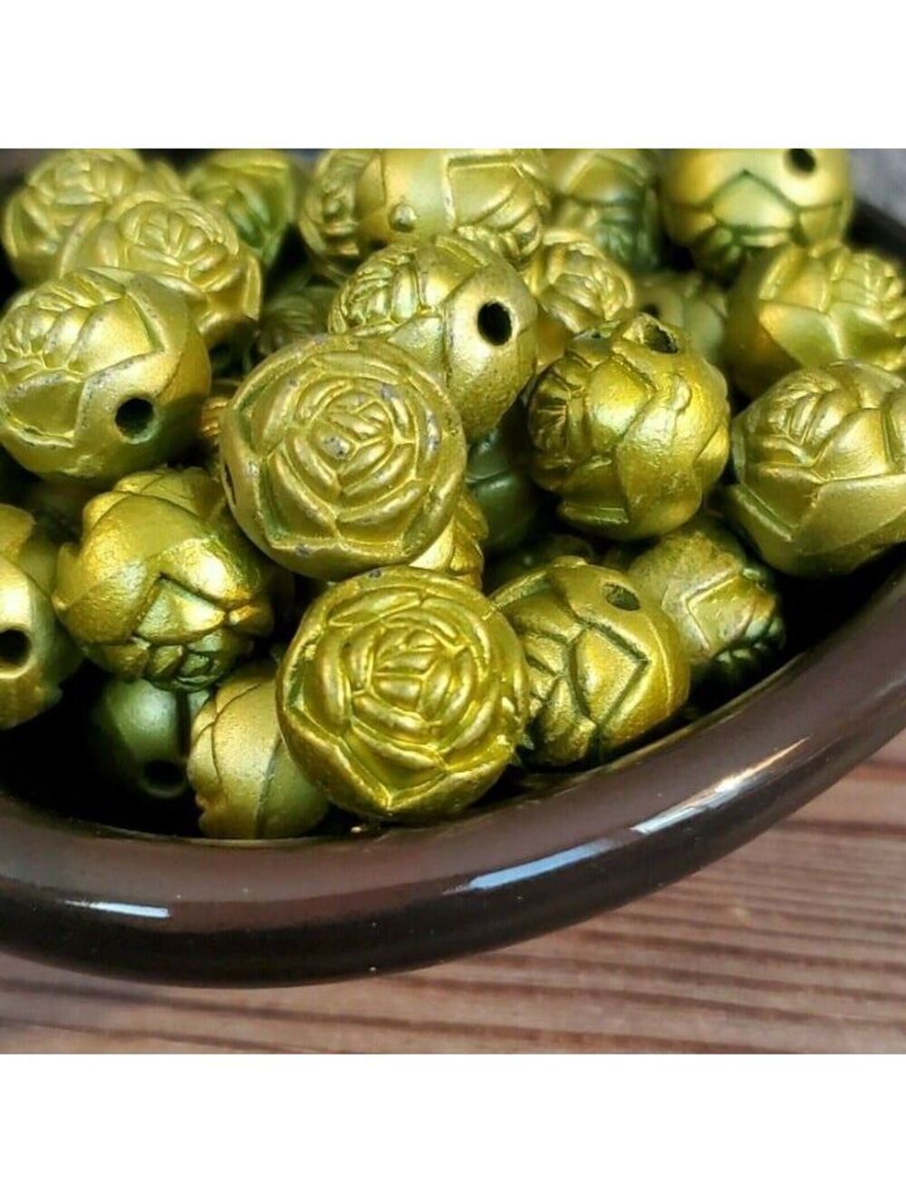 Vintage Retro Green Satin Rosebud Flower 14mm Round Acrylic Beads 10 pcs